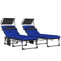 2PC Folding Sun Loungers with Canopy Sunbed, Dark Blue, Refurbished