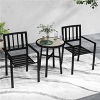 Outsunny 3 Piece Patio Bistro Set w/ Plastic Top, 2 Stackable Chairs Refurbished