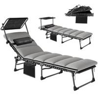 Canopy Equipped Outdoor Folding Sun Bed Lounger, Light Grey, Refurbished