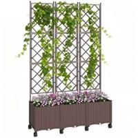Outsunny Plastic Raised Planter with Trellis and Wheels, Brown