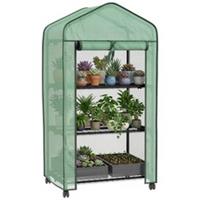 Outsunny Portable Mini Greenhouse with Roll-up Door and Wheels, Green