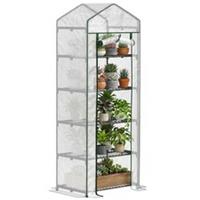 Outsunny 5 Tier Mini Greenhouse Grow House w/ Roll Up Door, White/Green