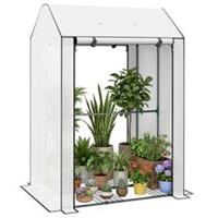 Outsunny Mini Greenhouse with Shelves and Roll Up Door, 100x80x150cm, White