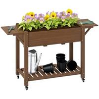 Outsunny Wooden Raised Planter with Lockable Wheels, Liner, Carbonised