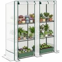 Outsunny 3 Tier Lean-to Mini Greenhouse with Green Hemmed Edging, White