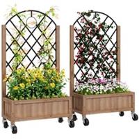Outsunny Pack of 2 Wooden Raised Bed, Outdoor Planter Box w/ Metal Trellis