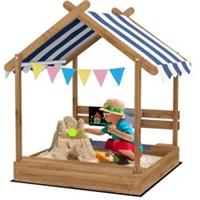 Outsunny Sand Pit with Canopy, Blackboard, Toys, Sink, Seats, Flags for Kids