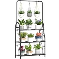 Outsunny 3 Tier Plant Stand w/ Hanging Hooks for Balcony Living Room, Black
