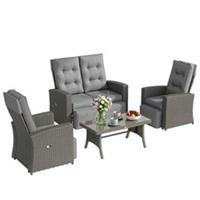 Outsunny 4 Piece Rattan Garden Furniture Set with Sofa, Glass Table, Grey
