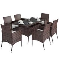 Outsunny Rattan Dining Set for 6 with Cushions, Glass Top Table, Brown