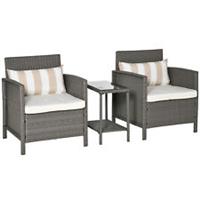 Outsunny 3 PC Outdoor Rattan Sofa Set w/ Chairs Coffee Table Cushion Light Grey