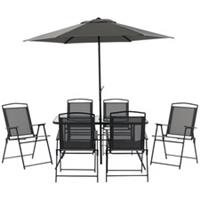 Outsunny 8 Pcs Garden Table and Chairs with Parasol Tempered Glass Top Black