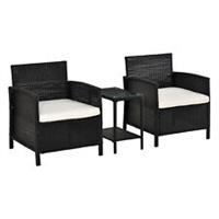 Outsunny 3 PC Outdoor Rattan Sofa Set w/ Chairs Coffee Table Cushion Black