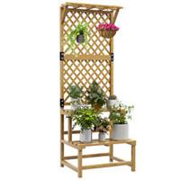 Outsunny Wooden Plant Stand with Trellis for Climbing Plants, Yellow