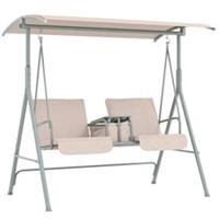 Outsunny 2 Person Covered Patio Swing with Pivot Table & Storage Console Beige