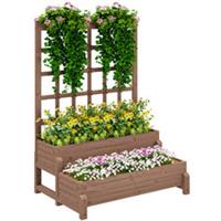 Outsunny 2-Tier Wooden Raised Bed with Trellis and Drainage Holes, Brown