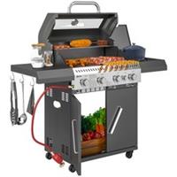 Outsunny 4+1 Burner Gas BBQ Grill with Clear View Lid, Thermometer, Black
