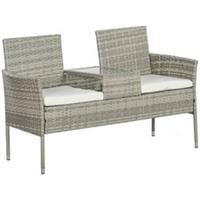 Outsunny Rattan Garden Bench w/ Glass Tea Table, Wicker Chair w/ Cushions, Grey