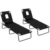 Outsunny Folding Sun Lounger Set of 2 Reclining Chair with Reading Hole Black
