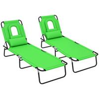 Outsunny Folding Sun Lounger Set of 2 Reclining Chair with Reading Hole Green