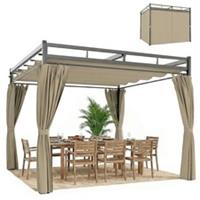 Outsunny 3 x 3 m Garden Pergola with Retractable Canopy, Curtains, Khaki