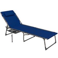 Outsunny Folding Sun Lounger with 5-Level Back, Cup Holder, Dark Blue