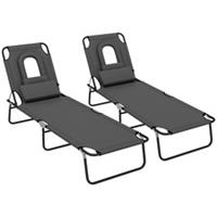 Outsunny Folding Sun Lounger Set of 2 Reclining Chair with Reading Hole Grey