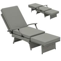 Outsunny Foldable Rattan Garden Recliner Chair w/ Cushion, Footrest, Grey