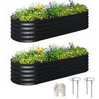 Outsunny Set of 2 Raised Beds for Garden with Metal Plant Stakes, Dark Grey