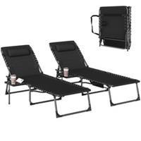 Outsunny Folding Sun Loungers with 5-Level Back, Cup Holder, Black