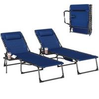 Outsunny Folding Sun Loungers with 5-Level Back, Cup Holder, Dark Blue