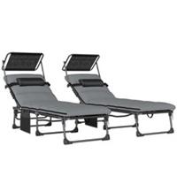 Outsunny Folding Sun Loungers Set of 2, Sunbed with Canopy, Light Grey