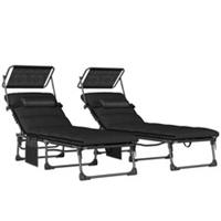 Outsunny Folding Sun Loungers Set of 2, Sunbed with Canopy, Black