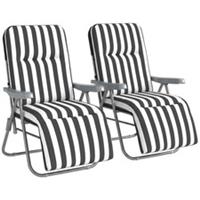 Outsunny Set of 2 Adjustable Sun Lounger Recliner Reclining Seat Grey Stripe