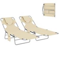 Outsunny 2 Sun Loungers with Reading Hole, Folding Garden Lounger, Beige