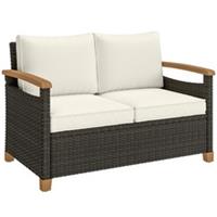 Outsunny 2 Seater Rattan Garden Sofa with Acacia Wood Armrests, Brown