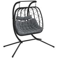 PE Rattan Hanging Swing Chair with Thick Cushion, Black, Refurbished