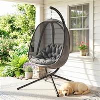 Outsunny Folding Hanging Egg Chair w/ Cushion and Stand for Indoor Outdoor Grey