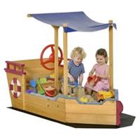 Outsunny Kids Wooden Sand Pit Sandbox Pirate Sandboat Outdoor w/ Canopy Shade