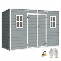 Outsunny 10 x 4 ft Plastic Garden Shed with Floor, Lockable Doors, Grey