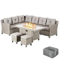 Outsunny 5 PCs Outdoor PE Rattan L-Shape Sofa Footstool Fire Pit Table Set