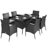 Outsunny Rattan Dining Set for 6 with Cushions, Glass Top Table, Black