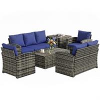 Outsunny 6 PCS Patio Rattan Sofa Set Conversation Furniture Navy Blue