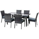 Outsunny 7PC Rattan Dining Set Patio Chair Glass Top Table Wicker Furniture Grey