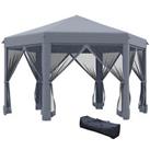 Outsunny 3.2m Pop Up Gazebo Hexagonal Canopy Tent Outdoor w/Sidewalls Grey