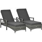 Outsunny Rattan Sun Loungers set of 2 w/ Cushion & 4-Level Recliner Furniture