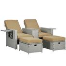 Outsunny Recliner Rattan Sun Lounger w/ Storage Tea Table & Footstools, Beige