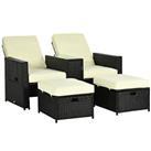 Outsunny Recliner Rattan Sun Lounger w/ Storage Tea Table & Footstools, Balck