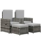 Outsunny Recliner Rattan Sun Lounger w/ Storage Tea Table & Footstools, Grey