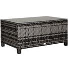 Outsunny Garden Rattan Side Table,Wicker Coffee Desk, Glass Top, Mixed Grey